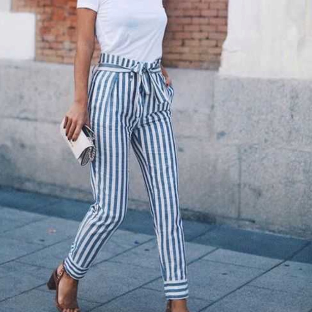 Striped high waisted paper bag pants